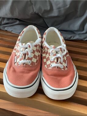 Vans Coral and Cream Checkerboard Lace-Up Sneakers l